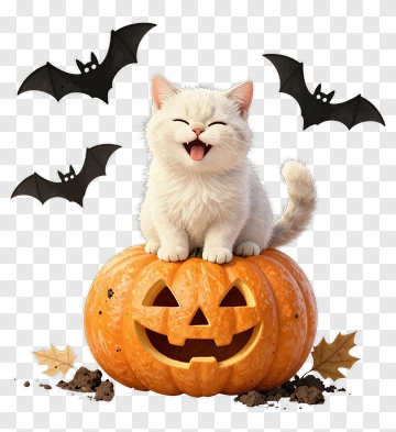 Happy Cat Sitting On A Halloween Pumpkin PNG