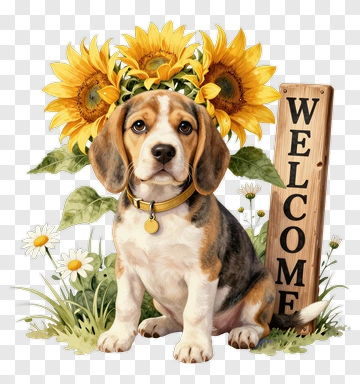 Beagle Dog With Sunflowers And Welcome Sign PNG