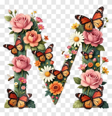 Floral Letter M With Butterflies PNG