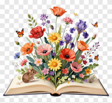 Open Book With Colorful Flowers And A Mouse PNG