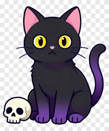 Cartoon Black Cat Sitting Next To A Skull PNG