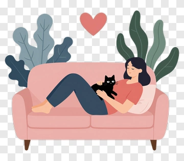 Woman Relaxing On A Couch With A Cat PNG