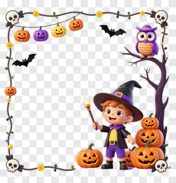 Cartoon Boy In Witch Costume With Halloween Pumpkins PNG