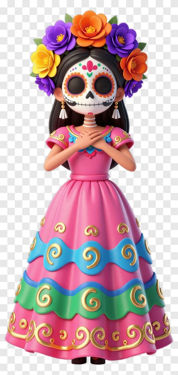 Colorful Day Of The Dead Figure In Pink Dress PNG