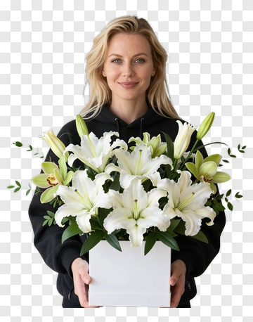 Woman Holding A Bouquet Of White Lilies PNG