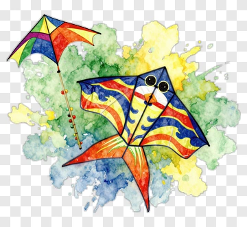 Colorful Kite And Umbrella On A Watercolor Background PNG