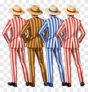 Group Of Four Men In Colorful Striped Suits PNG