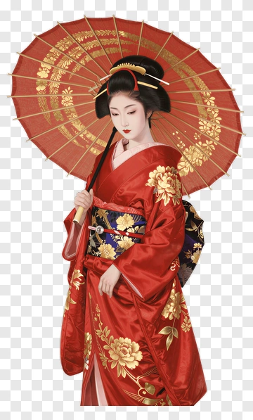 Beautiful Woman In Red Kimono Holding A Parasol PNG