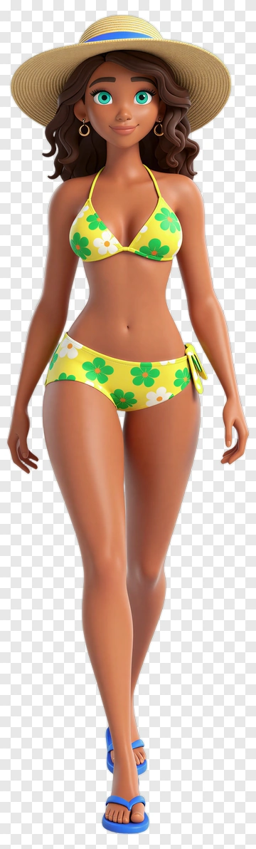 3D Woman In Floral Bikini And Sun Hat PNG