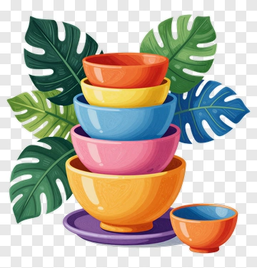 Colorful Nested Bowls With Tropical Leaves PNG