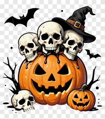 Halloween Pumpkin With Skulls And Bats PNG