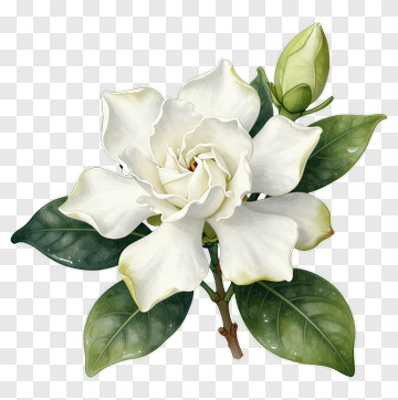 White Gardenia Flower With Green Leaves PNG