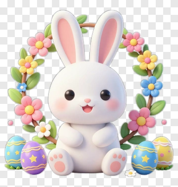Cute Cartoon Bunny With Easter Eggs And Flowers PNG