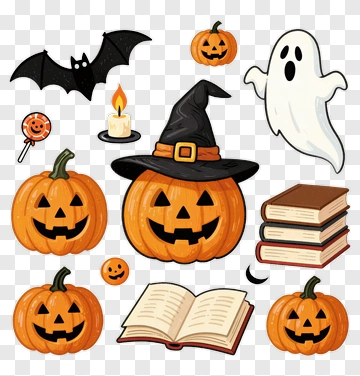 Halloween Ghost And Pumpkins With Candy And Books PNG