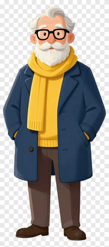 Cartoon Elderly Man In A Blue Coat And Yellow Scarf PNG