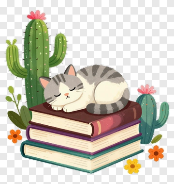 Cartoon Cat Sleeping On A Stack Of Books PNG