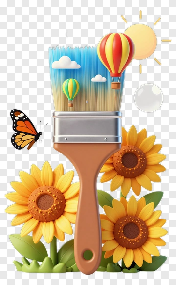 Paintbrush With Hot Air Balloons And Sunflowers PNG