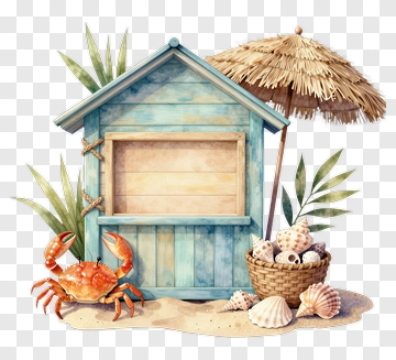 Beach Hut With Crab And Seashells PNG