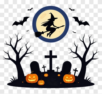 Halloween Witch Flying Over A Graveyard PNG