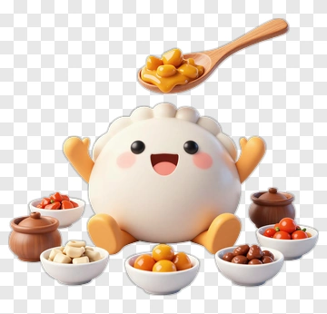 Happy Cartoon Character Surrounded By Food Bowls PNG