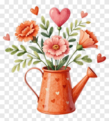 Watering Can Filled With Colorful Flowers And Hearts PNG