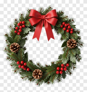 Christmas Wreath With Red Bow And Pine Cones PNG