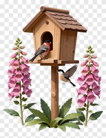 Birdhouse With Colorful Flowers And Birds PNG