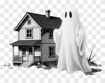 Cartoon Ghost Near A Haunted House PNG