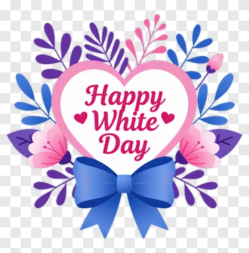 Happy White Day Heart With Flowers And Ribbon PNG