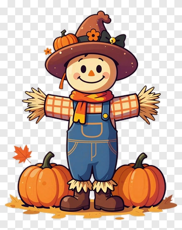 Cartoon Scarecrow Surrounded By Pumpkins PNG