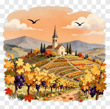 Vineyard Landscape With Church And Autumn Foliage PNG