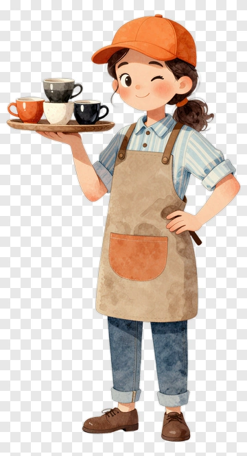 Cartoon Waiter Holding A Tray Of Coffee Cups PNG