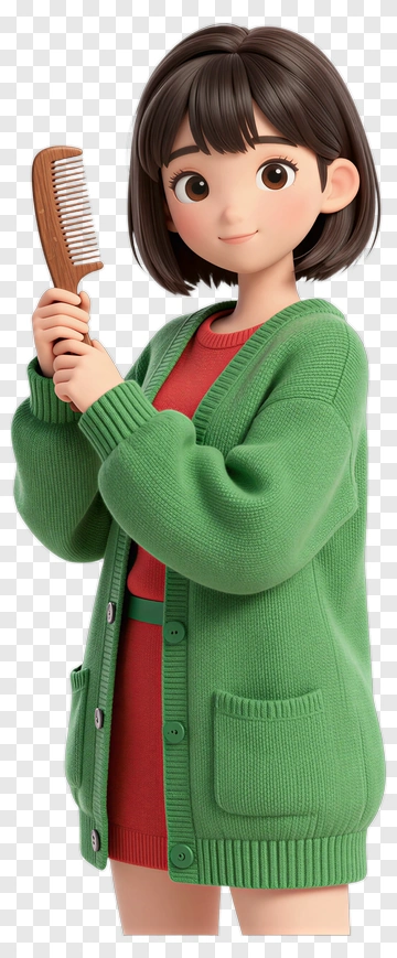 3D Girl Holding A Hair Comb PNG