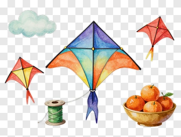 Colorful Kites And Oranges In A Bowl PNG