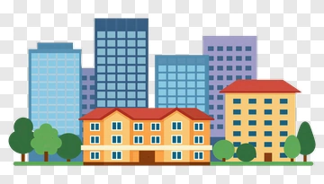 Colorful Cityscape With Buildings And Trees PNG