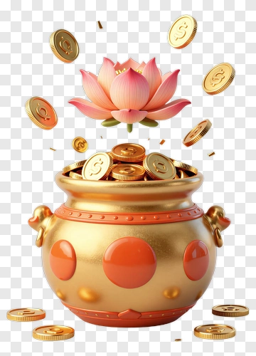Golden Pot Of Coins With Lotus Flower PNG