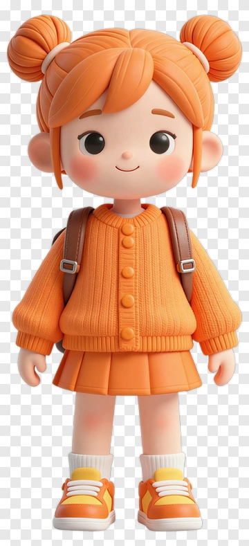 3D Cartoon Girl With Orange Sweater And Backpack PNG