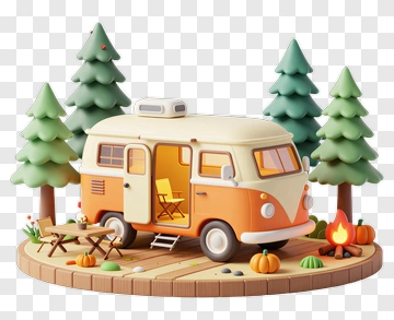 Colorful Camper Van Surrounded By Trees And Pumpkins PNG