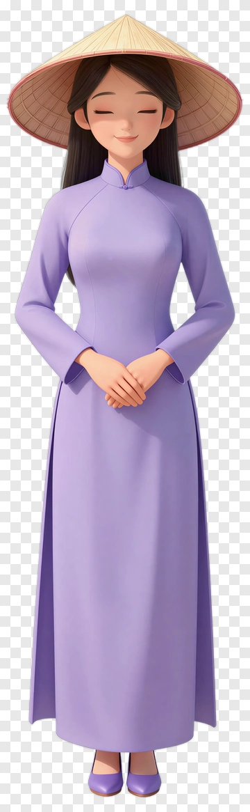 Cartoon Woman In Purple Ao Dai With Conical Hat PNG