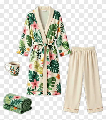 Floral Bathrobe Set With Pants And Accessories PNG