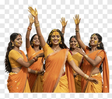 Happy Women Dancing In Orange Sarees PNG
