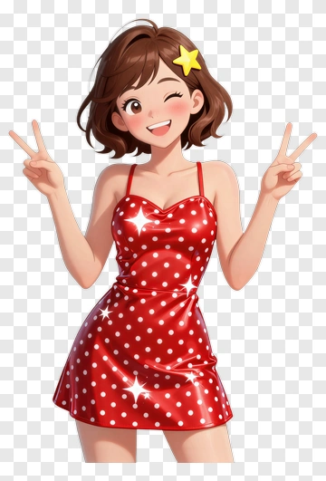 Cartoon Girl In A Red Polka Dot Dress PNG