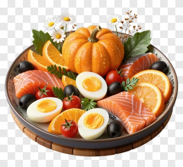 Colorful Plate Of Salmon And Eggs With Pumpkin And Oranges PNG
