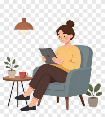 Woman Sitting In A Chair Using A Tablet PNG