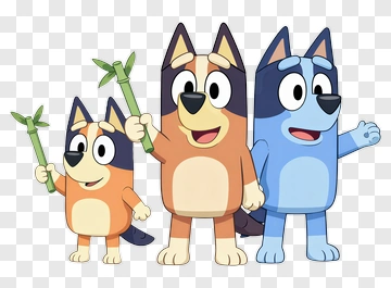 Cartoon Bluey Characters Holding Bamboo Sticks PNG