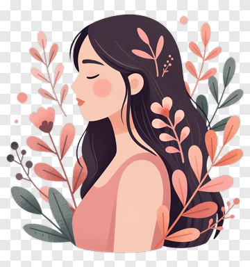 Woman Surrounded By Floral Elements PNG
