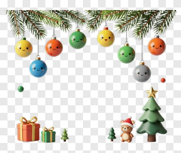 Colorful Christmas Ornaments And Tree With Gifts PNG