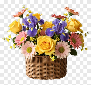 Flower Bouquet In A Woven Basket PNG