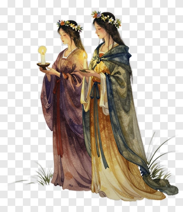 Two Women Holding Candles In Traditional Attire PNG