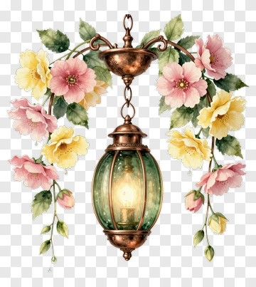 Vintage Lantern Surrounded By Flowers PNG